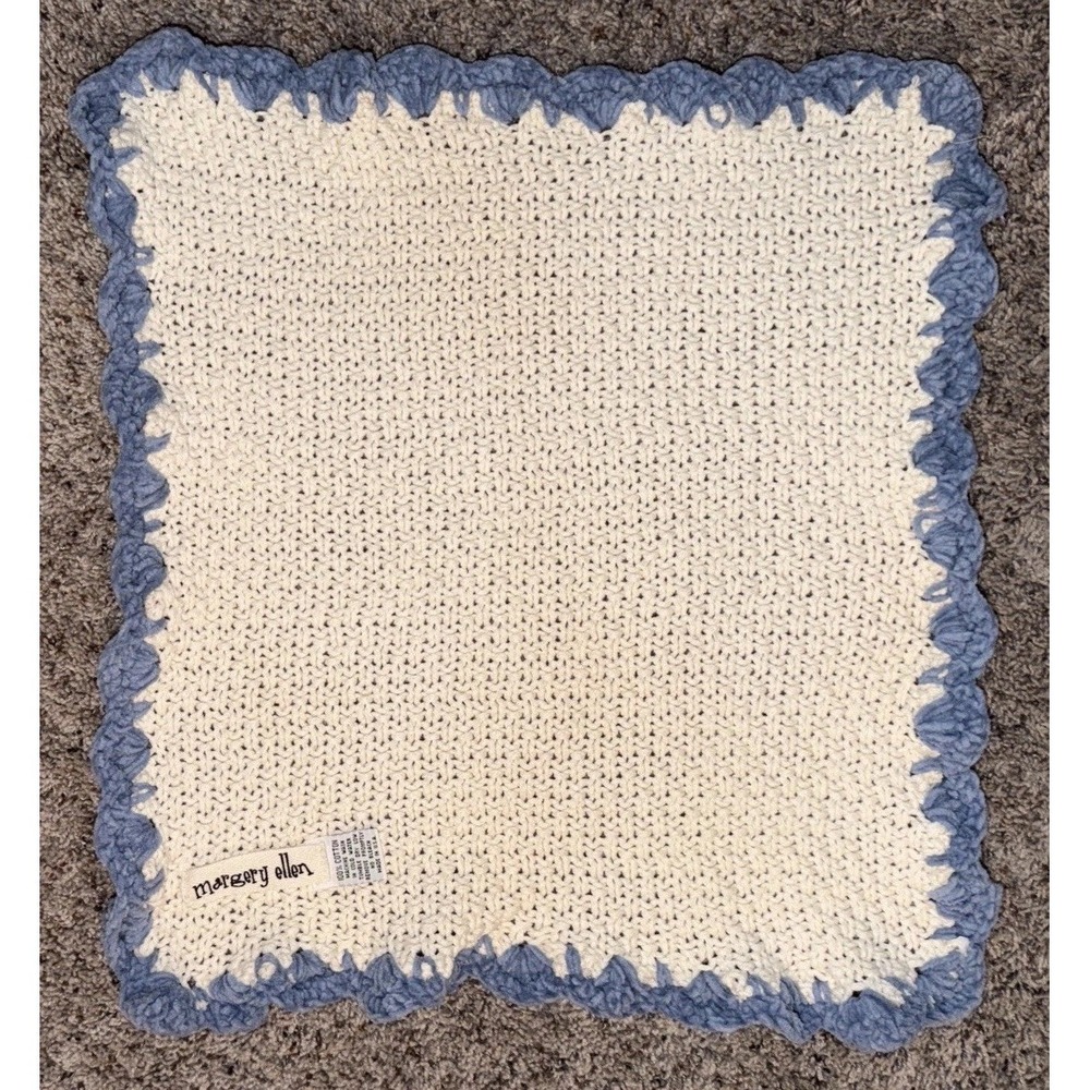 Margery Ellen Crochet Baby Blanket‎ Lovey Cream Blue Trim Cotton Handmade Style
